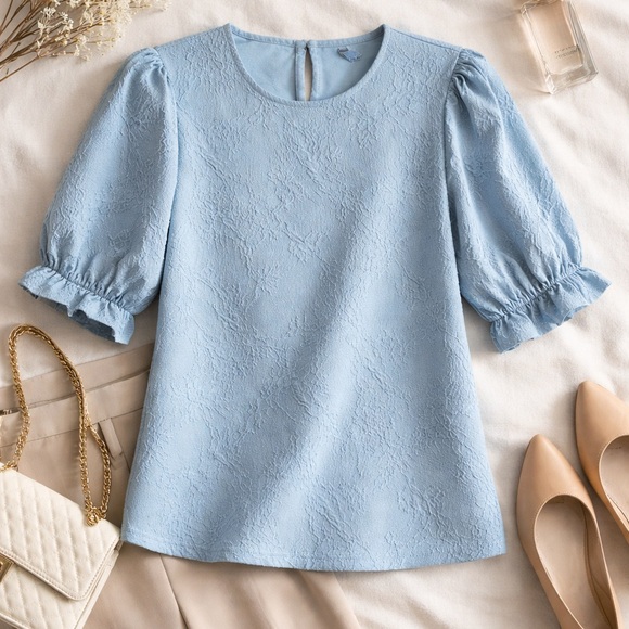 Ted Baker Tops - Ted Baker Sky Blue Jacquard Puff Sleeve Blouse |Minimalist Quiet Luxury